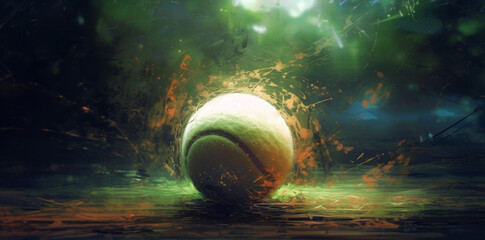 Dynamic Shot of a Soaring, Illuminated Tennis Ball in Action - AI generated