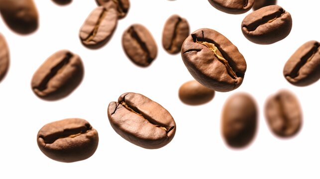 Coffee beans levitate on a white background, close-up