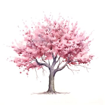 Cherry blossom tree isolated on white background in watercolor style