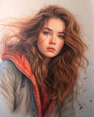 Naklejka premium Portrait of a beautiful young woman with long wavy hair.