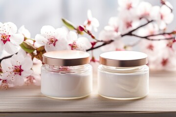 Beauty and spa theme with natural organic eco cosmetics in open jars with blooming cherry flowers generative ai