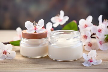 Fototapeta na wymiar Beauty and spa theme with natural organic eco cosmetics in open jars with blooming cherry flowers generative ai