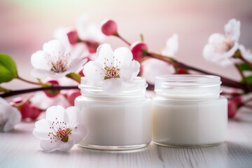 Obraz na płótnie Canvas Beauty and spa theme with natural organic eco cosmetics in open jars with blooming cherry flowers generative ai