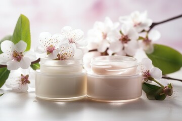 Obraz na płótnie Canvas Beauty and spa theme with natural organic eco cosmetics in open jars with blooming cherry flowers generative ai