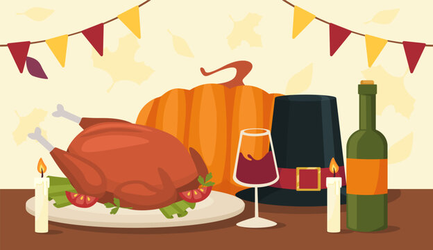 Set for thanksgiving day concept. Turkey with vegetables and pumpkin. Bottle with wine and glasses with candles. Traditional holiday and festival. Cartoon flat vector illustration