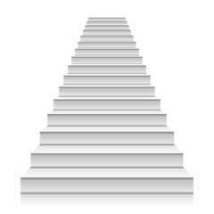 White staircase realistic illustration, isolated on white background. Front view of white staircase. Steps up. A symbol of the Achievements. Blank mockup for platform. Front view of white staircase