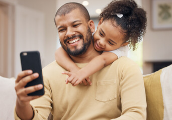 Home, father and girl with a smile, selfie and hug with social media, family and loving together....