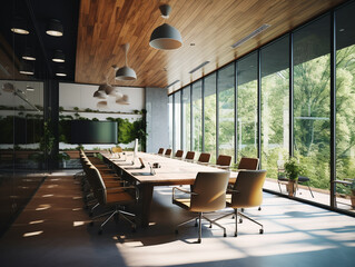 A medium-sized luxury corporate conference room. Has wide windows and glass walls to give the feeling of a wider and brighter space.
