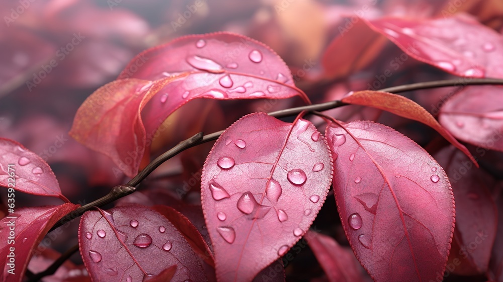 Poster a close up of a red leaf with water droplets on it. generative ai