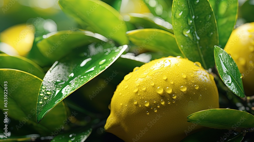 Poster a close up of two lemons on a tree with leaves. generative ai