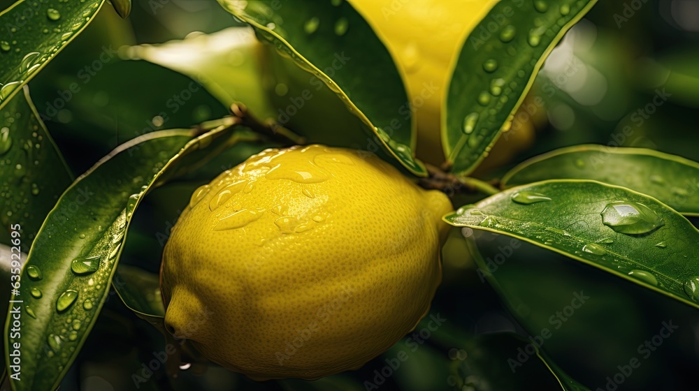 Poster a close up of a lemon on a tree with water drops. generative ai