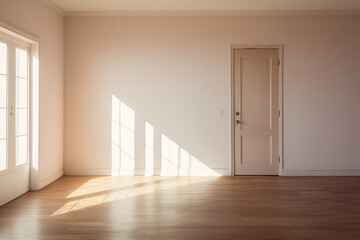 An unfurnished room in a new apartment filled with sunshine light. Interior of an empty bright room with floor, concrete wall and panoramic window or panoramic door in warm colors. Moving concept