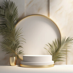 Round pastel podium and palm leaf, Abstract minimal geometric shapes background, Aesthetic summer dais concept and shadows on the wall, 3D Modern design for product showcase display, AI generated.