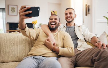 Men, gay couple and funny selfie in home living room, bonding and laughing together. People, lgbtq and profile picture, happy memory and smile on social media in love, care and hug on sofa in lounge