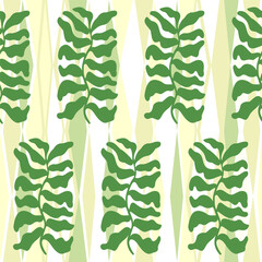 Abstract hand drawn plant in naive Matisse style and geometric pattern of stripes of triangles in pastel green colors. Seamless pattern of decorative modern botanical wall art. Vector illustration