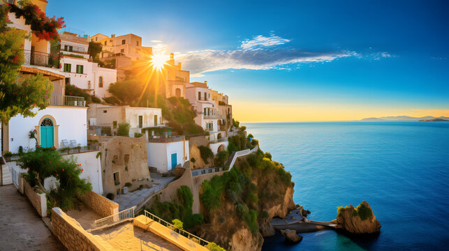 Step into a world of Mediterranean dreams with this enchanting image of idyllic houses. Nestled on a hillside or perched on cliffs, these homes offer panoramic vistas of the azure sea below. With terr