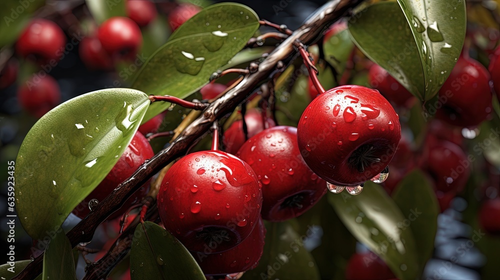 Poster a bunch of red berries hanging from a tree with water droplets on them. generative ai