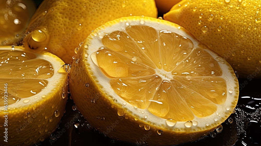 Poster a close up of a sliced lemon with water droplets on it. generative ai