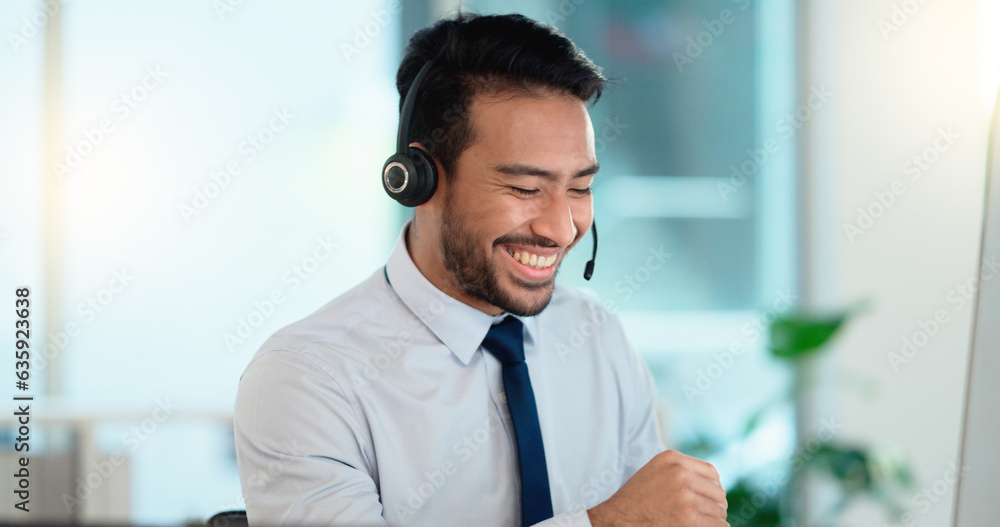 Poster call center agent consulting a buyer via video call in an office. a young friendly sales man talking