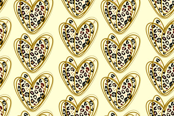 Heart line art and stylized leopard pattern. Seamless pattern with animal skin patches and heart sign on sand background. Concepts love, beauty, fashion.