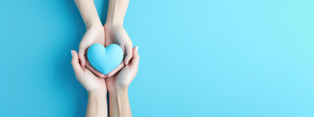 Hand holding blue heart, World health day, Health care and mental health concept, Health insurance, Charity volunteer donation, CSR responsibility, World heart day, Self love - obrazy, fototapety, plakaty