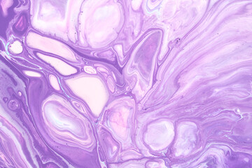 Fototapeta na wymiar Exclusive beautiful pattern, abstract fluid art background. Flow of blending purple lilac paints mixing together. Blots and streaks of ink texture for print and design