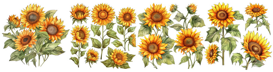 Set of sunflowers watercolor collection hand drawn, sunflowers elegant watercolor illustration , sunflowers isolated transparent background, PNG