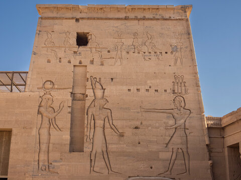 Hieroglyphs at the Philae Temple complex, The Temple of Isis, currently on the island of Agilkia, UNESCO World Heritage Site, Egypt, North Africa, Africa