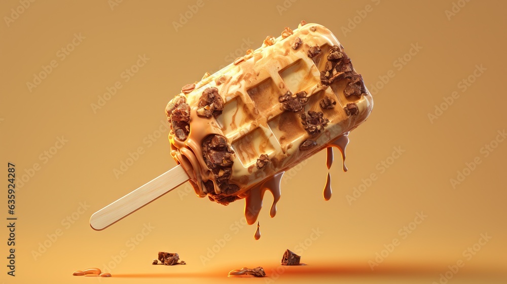 Poster a waffle ice cream on a stick with caramel drizzle. generative ai