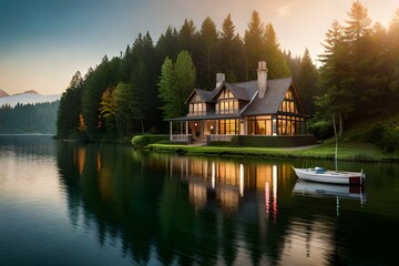 Fototapeta premium beautiful scenery of house on the lake