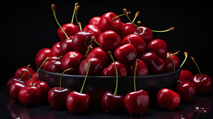 cherries in a bowl on black background