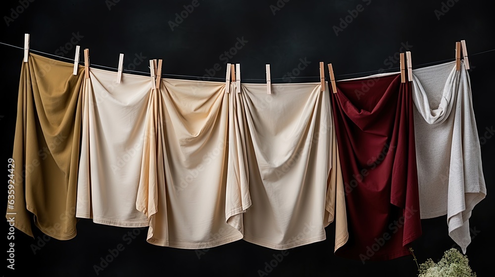 Poster a line of cloths hanging on a clothes line with a vase in the foreground. generative ai