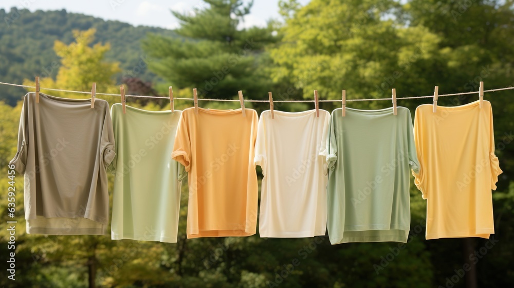 Poster a line of clothes hanging on a clothes line with trees in the background. generative ai