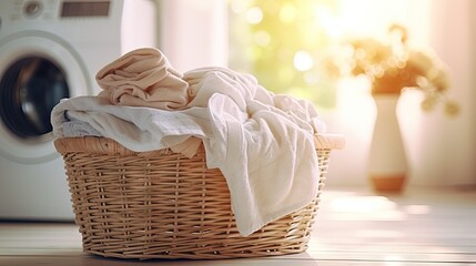 Fototapeta na wymiar a laundry basket filled with clothes next to a washing machine. generative ai