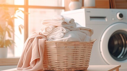  a laundry basket with a pile of folded towels next to a washing machine.  generative ai