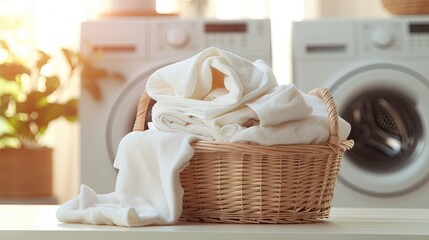 Fototapeta na wymiar a laundry basket with a pile of white towels next to a washing machine. generative ai