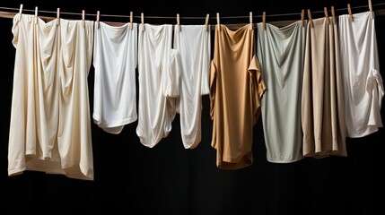  a line of clothes hanging on a clothes line with clothes hanging on a clothes line.  generative ai