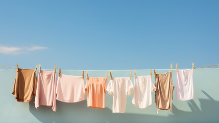  a line of clothes hanging on a clothes line with a blue sky in the background.  generative ai