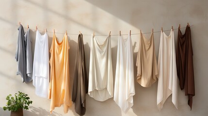  a line of clothes hanging on a clothes line next to a potted plant.  generative ai