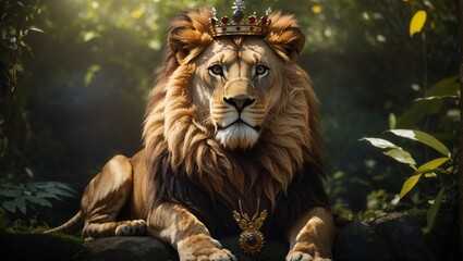 A lion wearing crown in the jungle