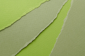 Art collage of pieces of ripped paper with torn edges. Sticky notes collection green colors, shreds of notebook pages. Abstract background.