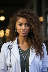 Pretty Afro american female doctor looking to the camera