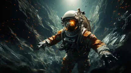 Tuinposter Realistic photo of an astronaut floating in deep water, nasa logo, photorealistic  © Dushan