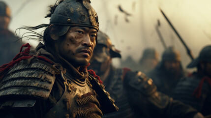 Obraz premium samurai in Armour on the battlefield. Concept of Feudal warfare, warrior tradition, battle attire, armored samurai, historical conflict, battlefield scene, warrior's valor.