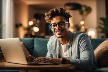 young boy designer in glasses working at home office, digital nomade