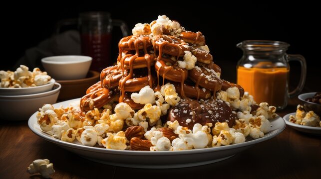 An image of a stack of chocolate covered pretzels and caramel popcorn.