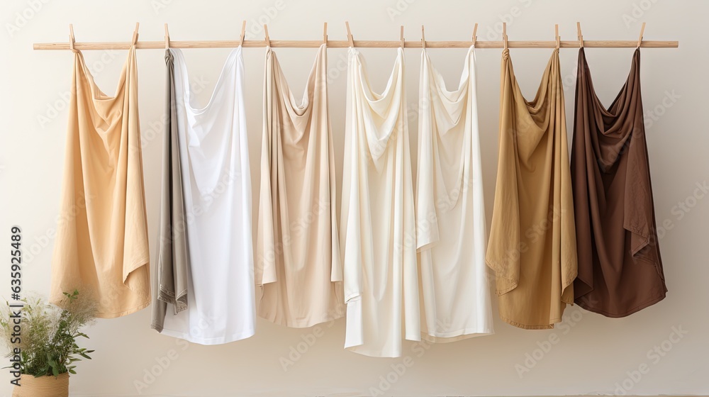 Poster a row of different colored dresses hanging on a clothes line. generative ai