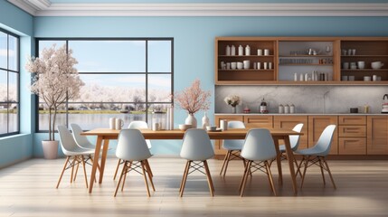 Blue minimalist kitchen room interior with dinning furniture on a wooden floor, decor on a large wall, white landscape in window. Home nordic interior. 3D illustration,