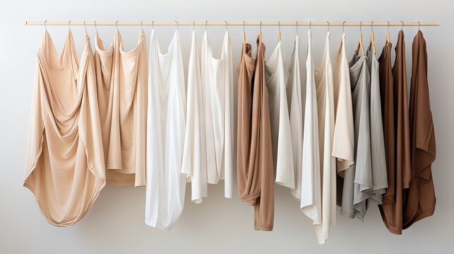  a row of clothes hanging on a clothes rack with clothes hanging on it.  generative ai