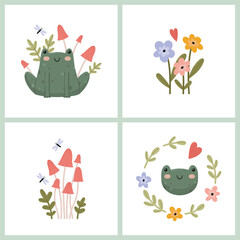 Cute set of stickers with frogs, mushrooms and flowers.